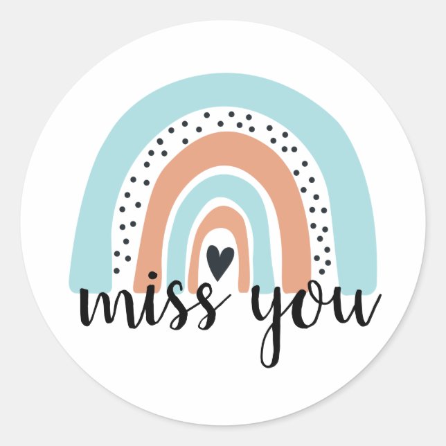 Miss You Rainbow Heart Blue Peach  Classic Round Sticker (Front)