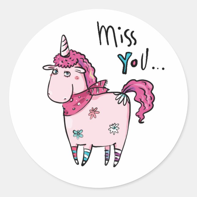 Miss You Unicorn Classic Round Sticker (Front)