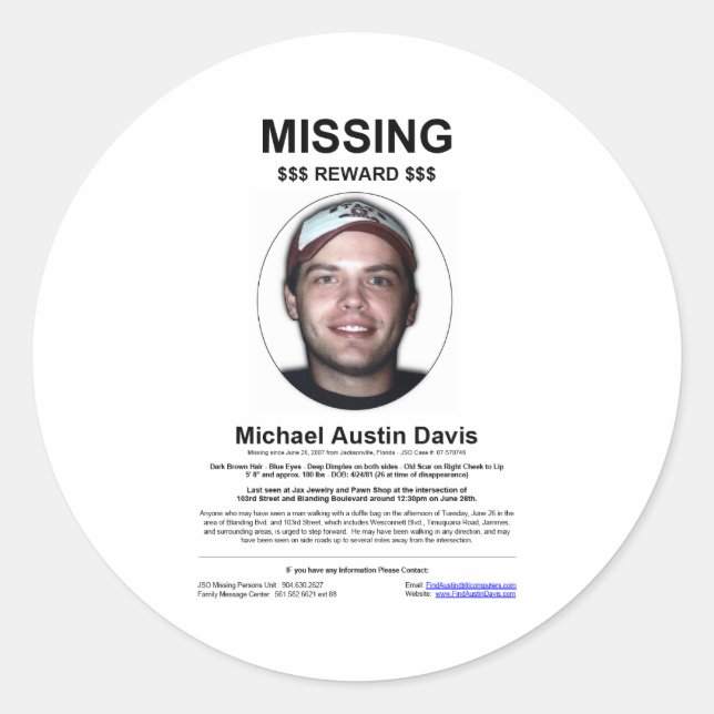 Missing Person Classic Round Sticker (Front)