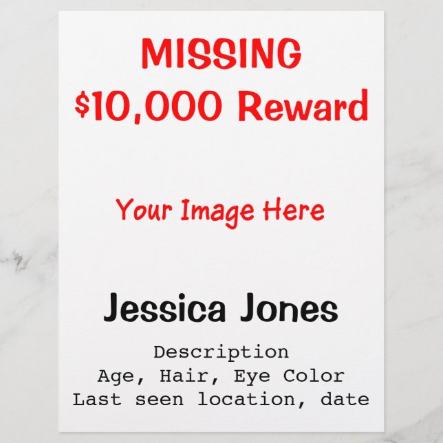 Missing Person Custom Photo Reward Red Black Flyer (Front)