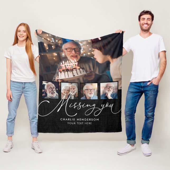 Missing You 5-Photo Collage Handwritten Memorial Fleece Blanket (In Situ)