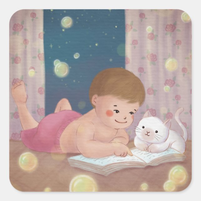 Missing You: Boy & Cat Illustration Square Sticker (Front)