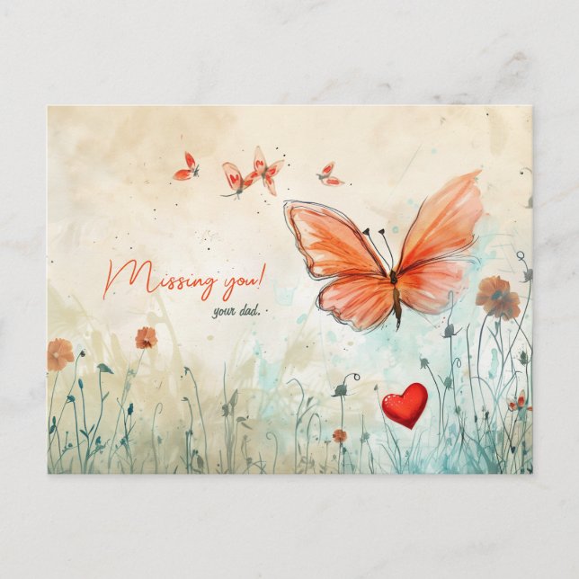 Missing You Butterfly and Heart Holiday Postcard (Front)