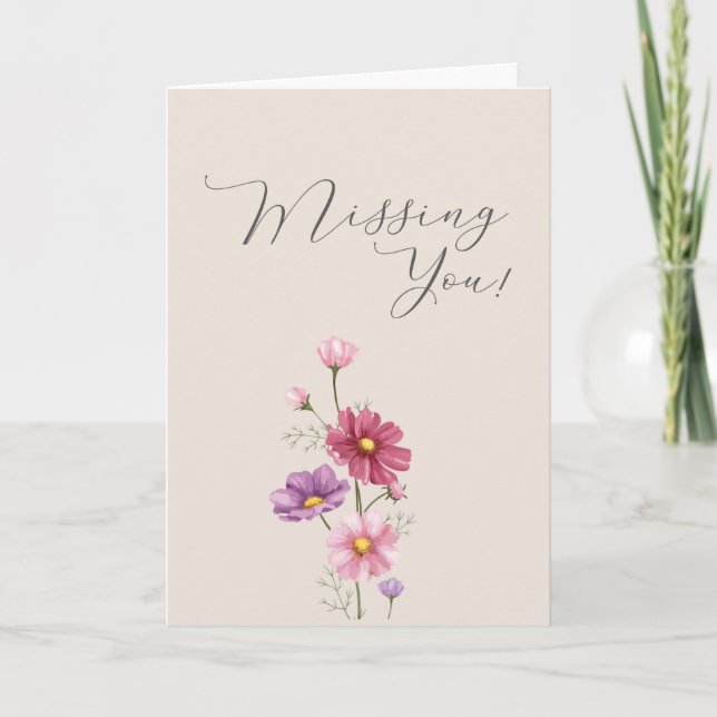 Missing You Greeting Pastel Soft Pink Cosmo Flower Card (Front)