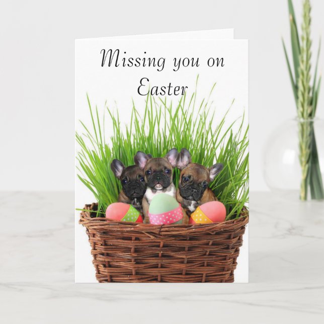 Missing you on Easter French bulldog puppies card (Front)