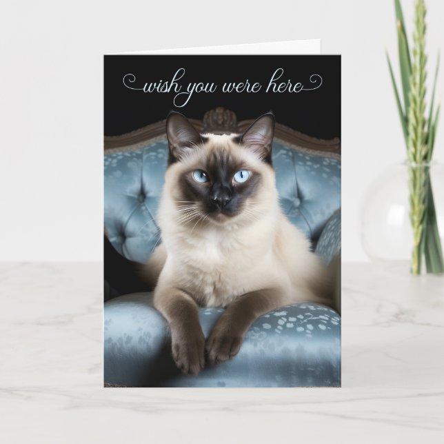 Missing You Siamese Cat on a Blue Chair Card (Front)
