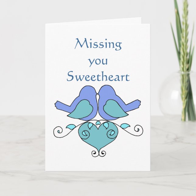 Missing You Sweetheart Blue Lovebirds Floral Heart Card (Front)