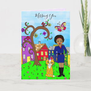 Missing You, Whimsical Lady and Cat Friendship Card