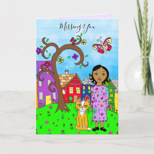 Missing You, Whimsical Lady and Cat Friendship Card
