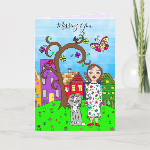 Missing You, Whimsical Lady and Cat Friendship Card