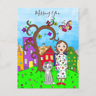 Missing You, Whimsical Lady and Cat Friendship Postcard