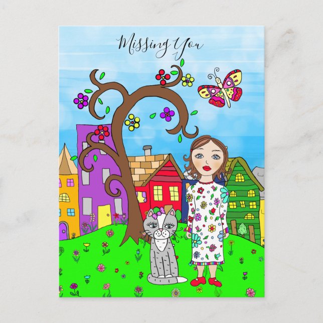 Missing You, Whimsical Lady and Cat Friendship Postcard (Front)