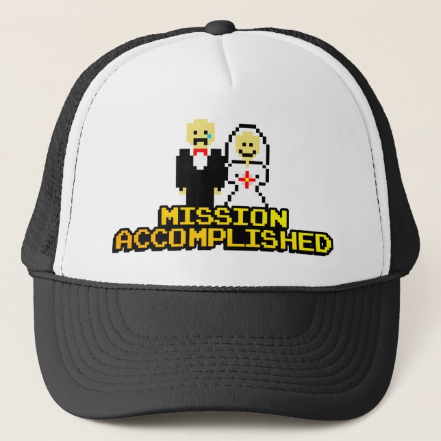 "Mission Accomplished" Marriage (8-bit) Trucker Hat (Front)