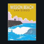 Mission Beach California Travel Art Vintage Postcard<br><div class="desc">Mission Beach in a vector art style. Spanning just over a mile in length,  Mission Beach is at the centre of the Golden Strand,  between South Mission Beach and Pacific Beach.</div>