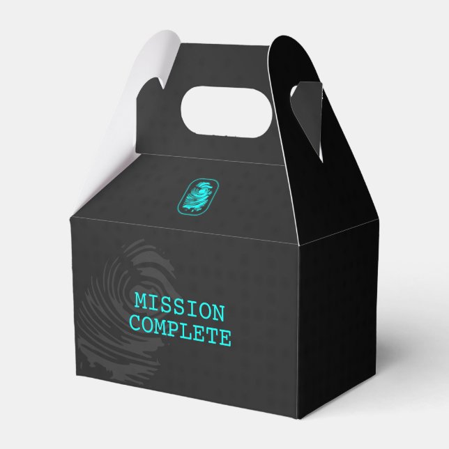 MISSION COMPLETE Teal and Black Spy Party Favour Box (Front Side)