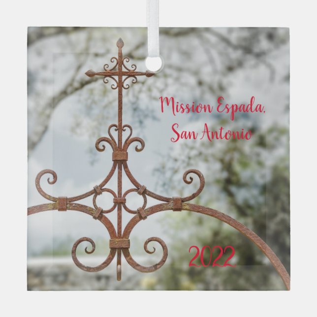Mission Espada, Wrought Iron Cross, Glass Tree Decoration (Front)