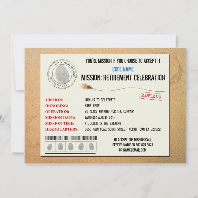 Mission  Retirement Party Secret Agent Invitation (Front)