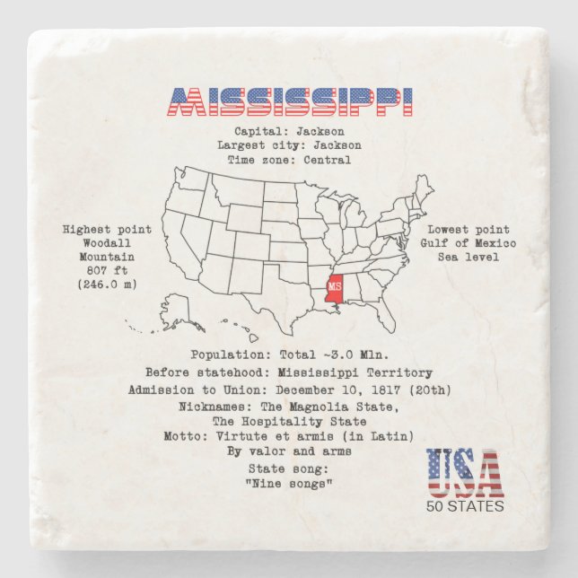 Mississippi American state on a map and details Stone Coaster (Front)