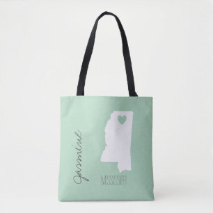 Mississippi map with heart personalise name tote bag