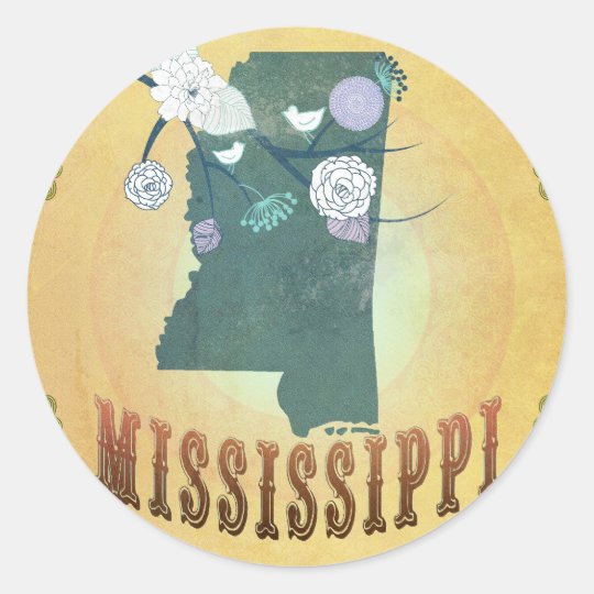 Mississippi Map With Lovely Birds Classic Round Sticker
