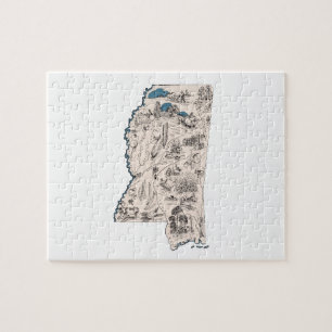 Mississippi Outline Shaped Vintage Picture Map Jigsaw Puzzle