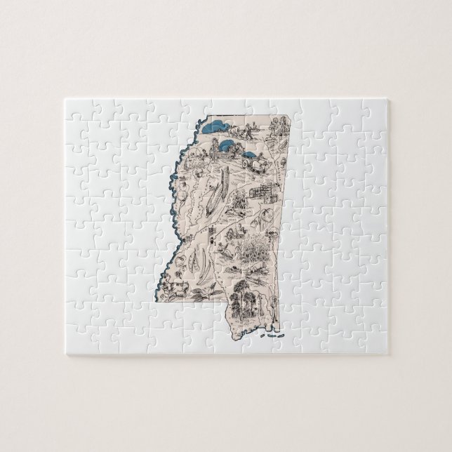 Mississippi Outline Shaped Vintage Picture Map Jigsaw Puzzle (Horizontal)