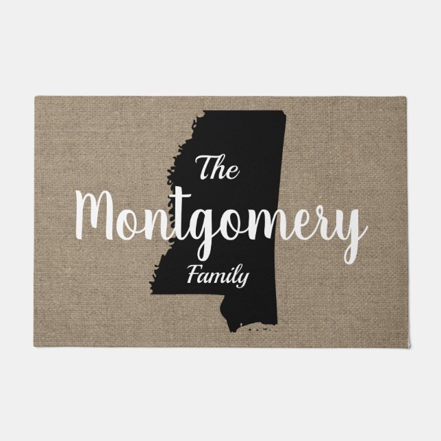 Mississippi Silhouette & Faux Burlap Script Doormat (Front)