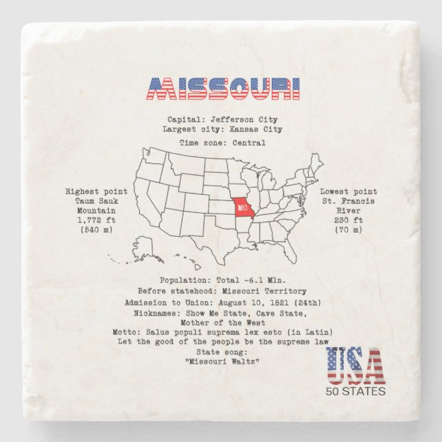 Missouri American state on a map and useful info Stone Coaster (Front)