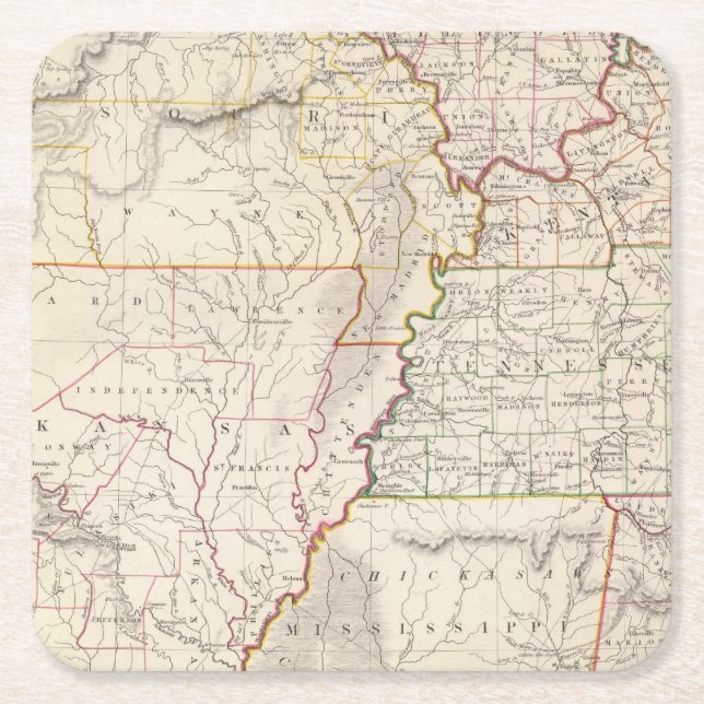 Missouri, Ill, Ky, Tenn, Ala, Miss, Ark Square Paper Coaster (Front)