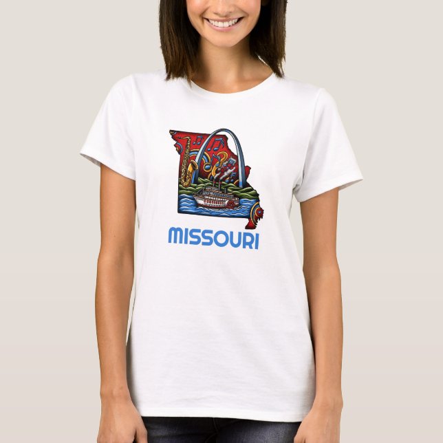 Missouri State Tattoo Style Gateway Arch Riverboat T-Shirt (Front)