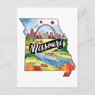 Missouri USA State Shaped Vintage Watercolor Postcard
