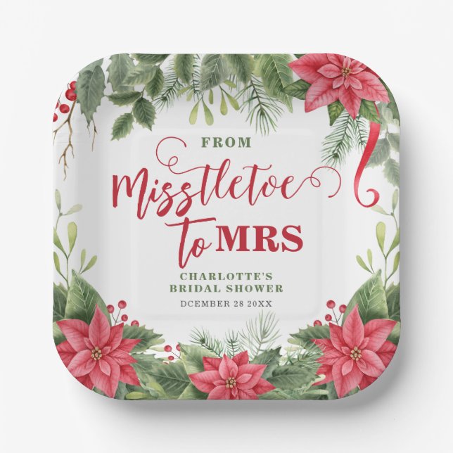 Misstletoe To Mrs Winter Poinsettia Bridal Shower Paper Plate (Front)