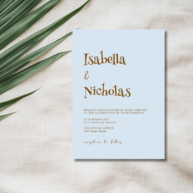Mist Blue & Brown Minimalist Clean Modern Wedding Invitation (Creator Uploaded)