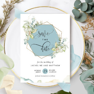Mist Blue, Elegant Greenery and Watercolor Wedding Save The Date