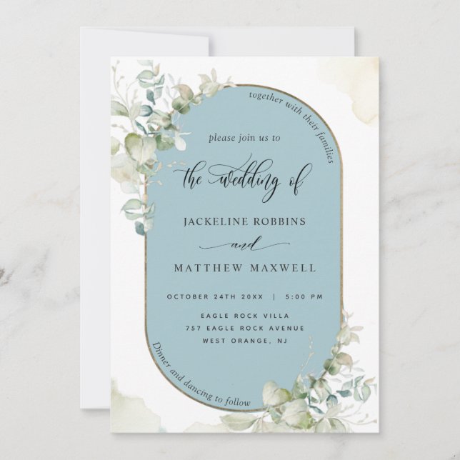 Mist Blue, Eucalyptus Oval Arch, Greenery Wedding Invitation (Front)