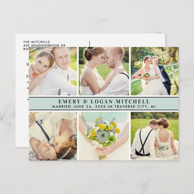 Mist Blue Monogram Wedding Photo Collage Thank You Postcard (Front/Back)
