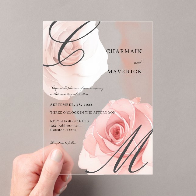 Mist Blush Pink Monogram Wedding Acrylic Invitations (Insitu (Handheld))