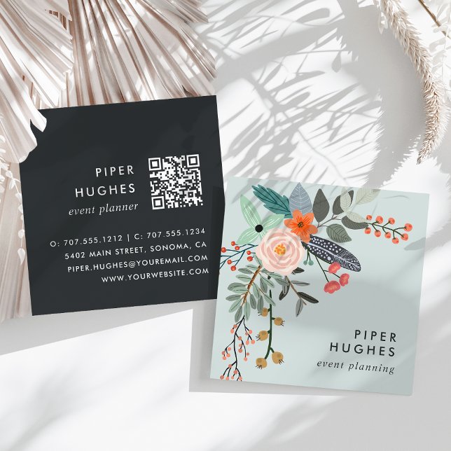 Mist | Boho Floral QR Code Square Business Card (Creator Uploaded)