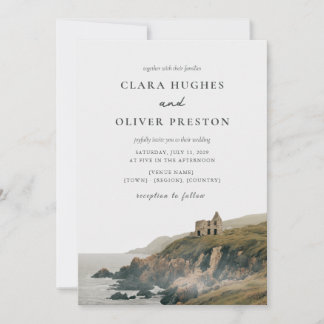 Mist Grey Olive Script Irish Coast Cliff Wedding Invitation