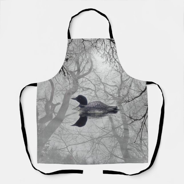  Mist trees black and white loon on a lake  Apron (Front)