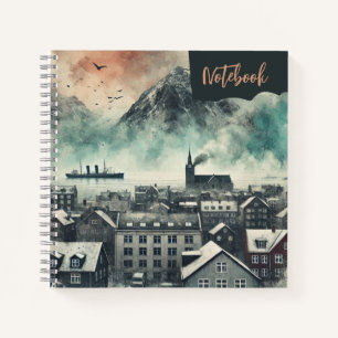Mistbound Heights – Watercolor Mountain Cityscape Notebook