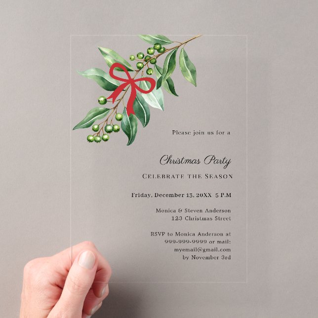 Misteltoe greenery red bow luxury Christmas Party Acrylic Invitations (Insitu (Handheld))