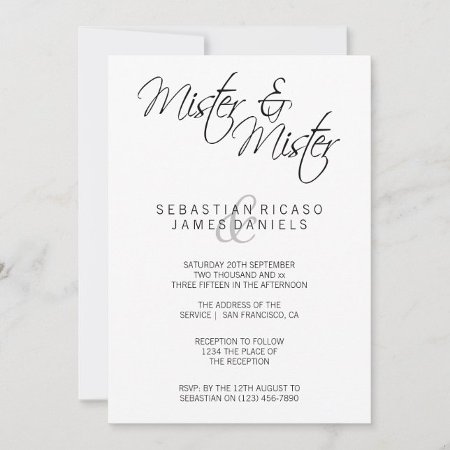 Mister And Mister Elegant Text Gay Wedding Invitation (Front)