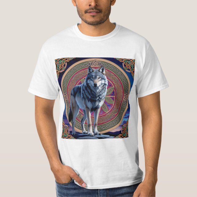 Mistic Gray Wolf in Celtic Design T-Shirt (Front)