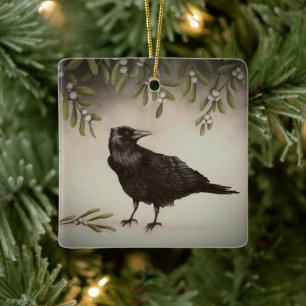 Mistletoe and Crow Ceramic Ornament