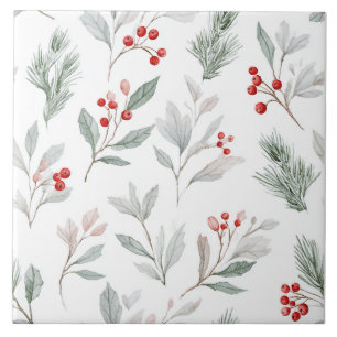 Mistletoe and Holly Berries Pattern Tile