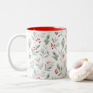 Mistletoe and Holly Berries Pattern Two-Tone Coffee Mug