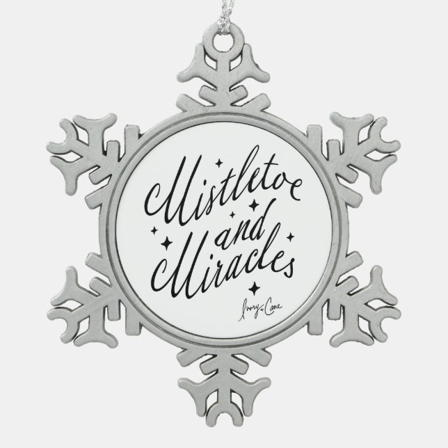 Mistletoe and Miracles Black and White Snowflake Pewter Christmas Ornament (Front)