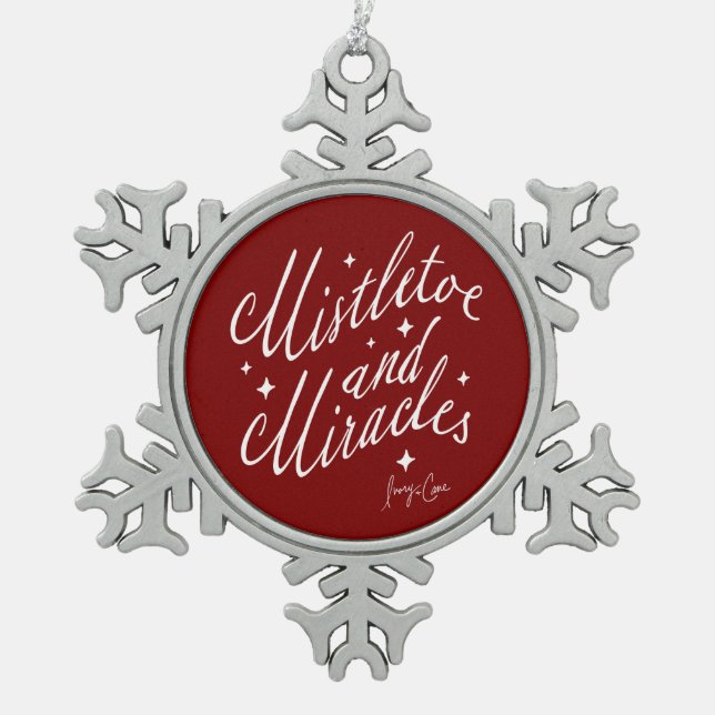 Mistletoe and Miracles Red and White Snowflake Pewter Christmas Ornament (Front)
