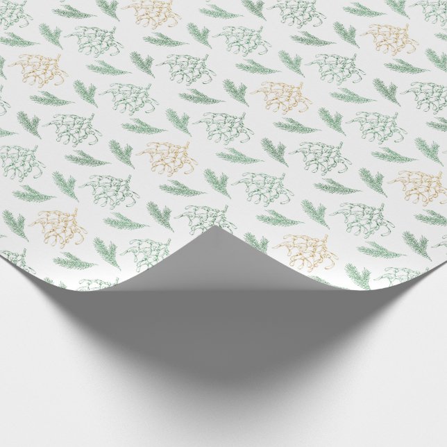 Mistletoe and Pine Green and Gold Colour Christmas Wrapping Paper (Corner)